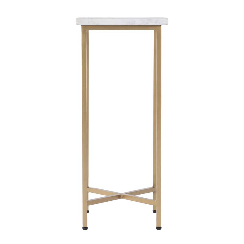 HomeRoots 21" White and Gold Distressed Marble and Iron Square End Table - 9.00 in. x 21.00 in. x 9.00 in.