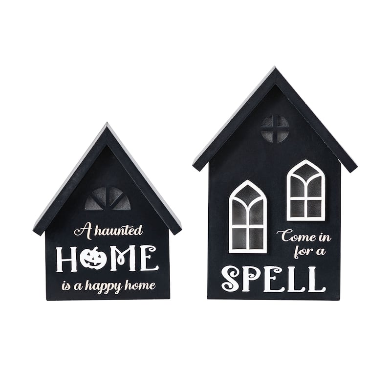 Glitzhome 8"H Set of 2 Lighted Halloween Wooden Hauted House Table Decor
