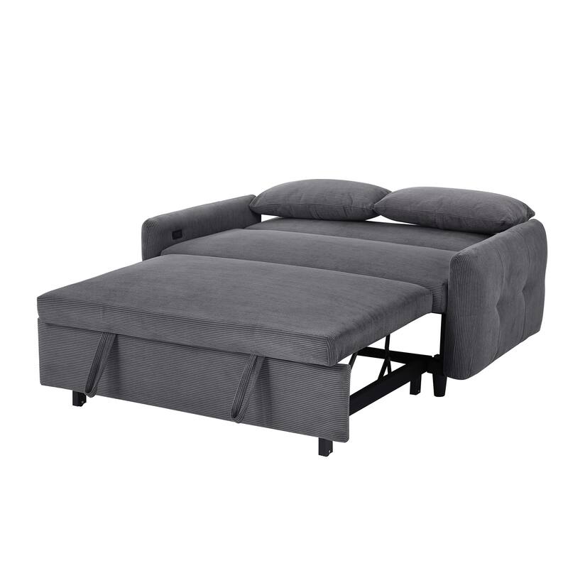 Pull-Out Sofa Bed Convertible Couch 2 Seat Loveseat Sofa Modern Sleeper Sofa With Two Throw Pillows And Usb Ports