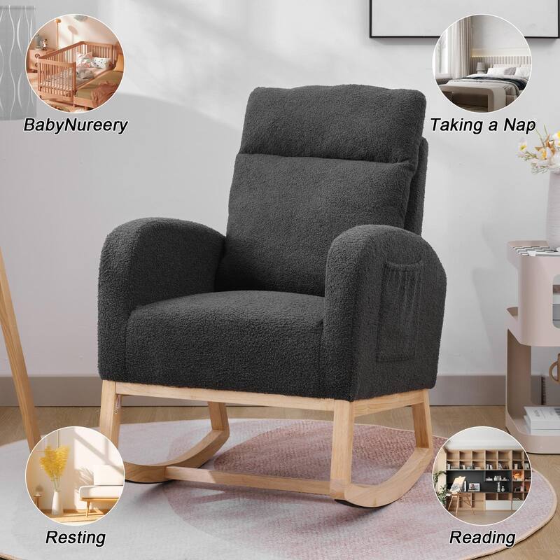 Dark Grey Polyester Wood Rocking Chair with High Back and Side Pocket - 35.43” D x 25.98” W x 40.94” H