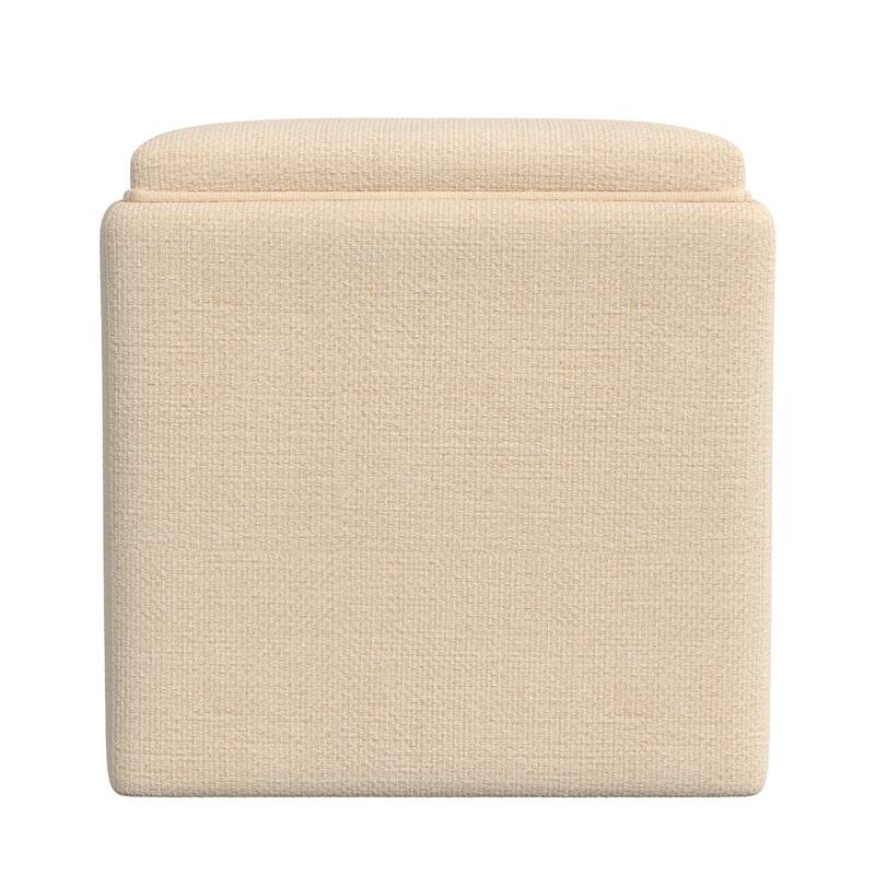 Soa 18 Inch Square Tray-Top Storage Ottoman in Soft Beige Woven Fabric