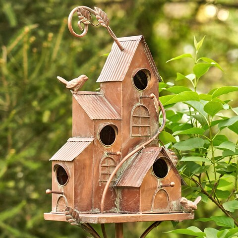Four Home Bungalow Copper Birdhouse Stake