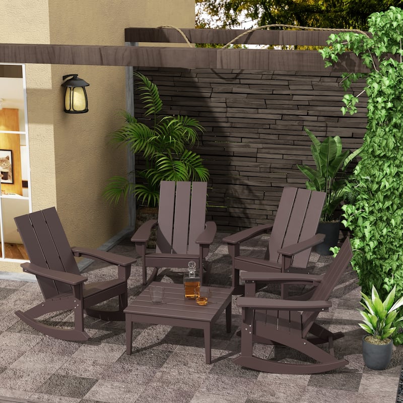 Shoreside 5-Piece Poly All Weather Rocking Chair Conversation Set - Dark Brown