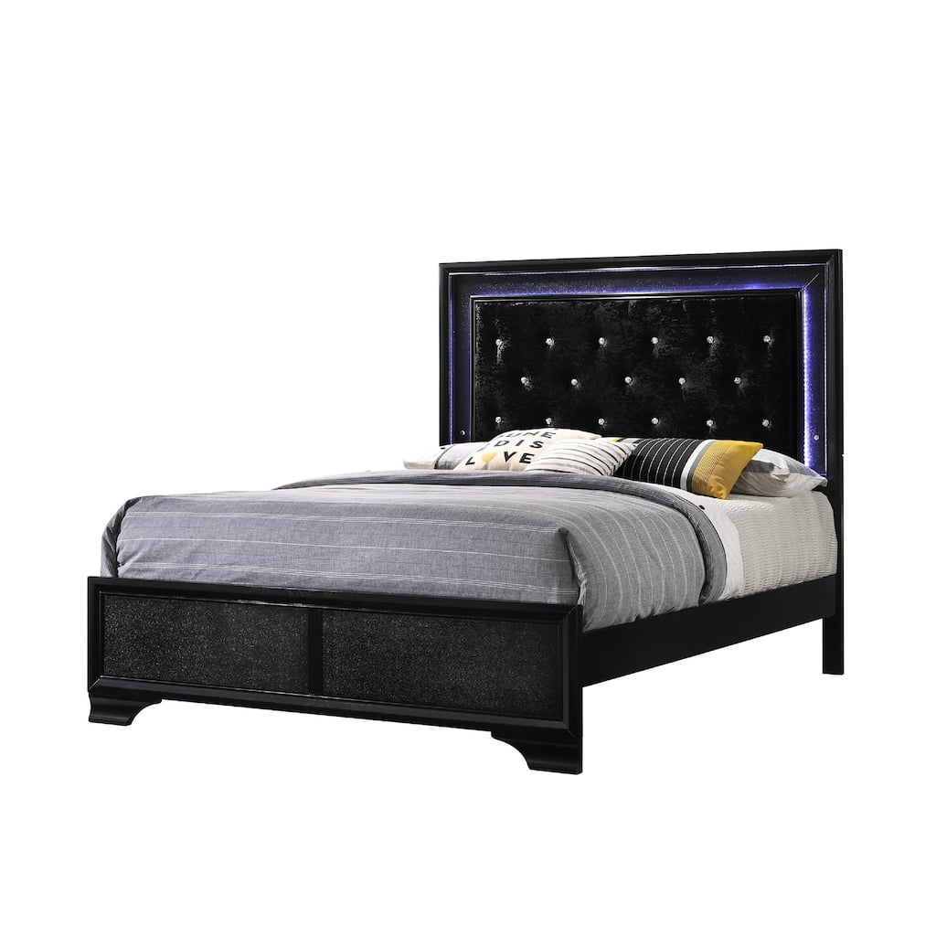 Queen Size LED Panel Bed with Black Finish and Upholstered Headboard