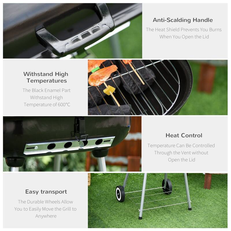 21" Portable Charcoal Grill with Wheels and Bottom Shelf, BBQ Smoker with Adjustable Vents on Lid