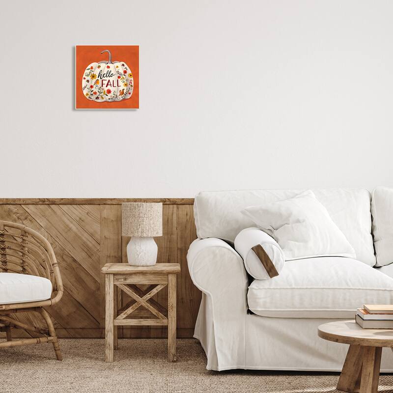 Stupell Hello Fall Patterned White Pumpkin Floral Botanicals Wood Wall Art - Brown