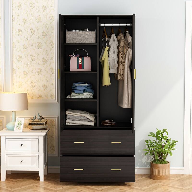 31.5"W x 72"H Two Door Wardrobe With Mirror White/Dark Brown Armoires - 31.5"W x 72"H