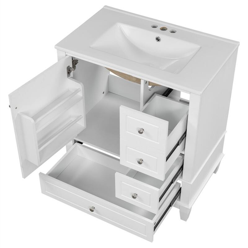 30" Bathroom Vanity with Ceramic Sink, Freestanding Bathroom Vanity Cabinet w/ 3 Storage Drawers, 1 Soft Close Door & Door Shelf