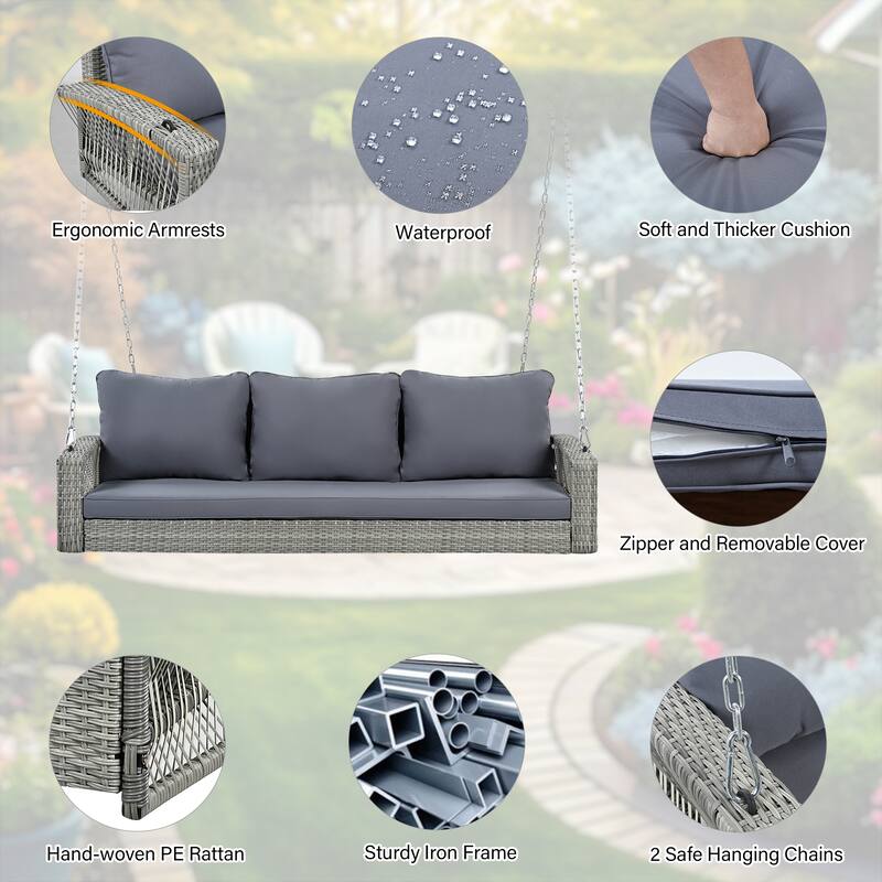 69" PE Wicker 3-Person Porch Swing with Chains and Cushions