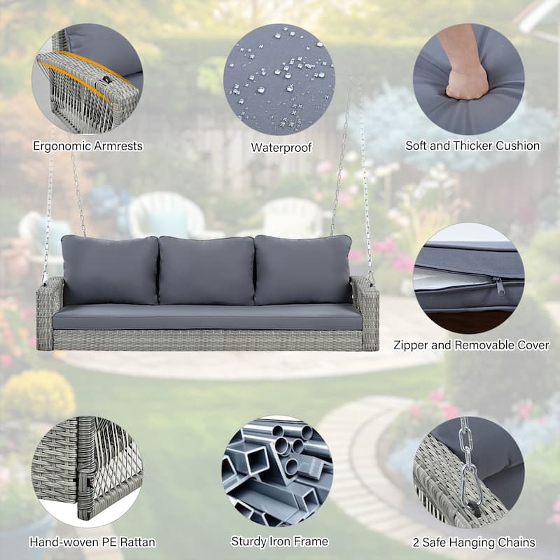 Anmytek 69 Inch PE Wicker 3 Person Porch Swing with Gray Cushions and Hanging Chains for Patio and Garden