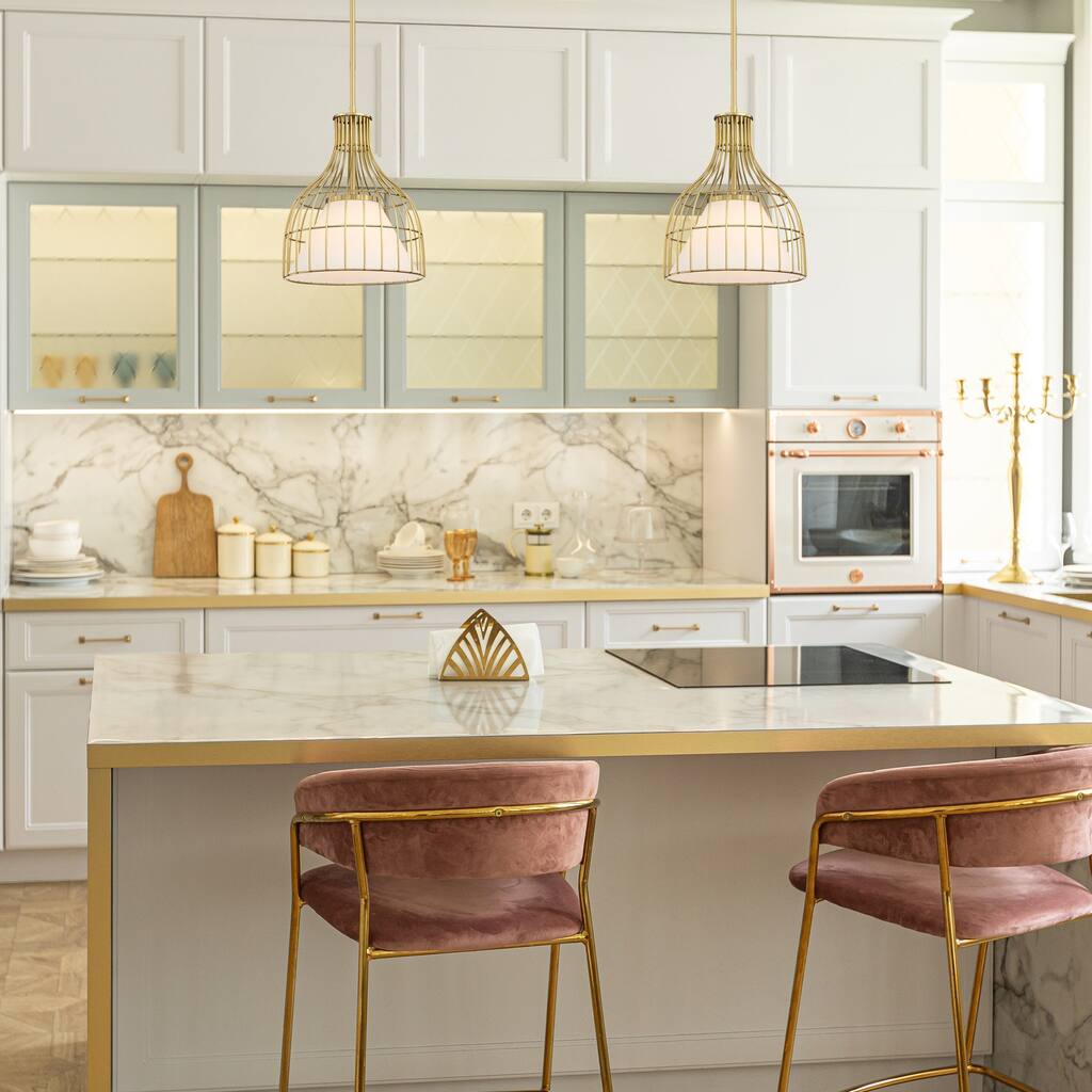 Evensong 60 Watt 1-Light Brushed Gold Bell Pendant with Etched Opal Glass Shade and Metal Outer Cage - 14.75