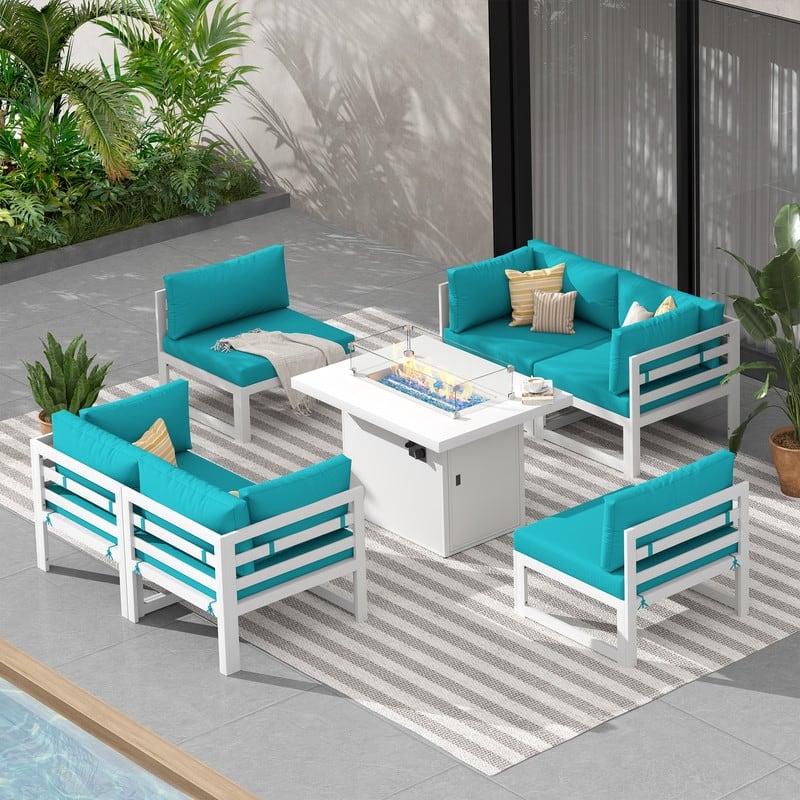 FINCATI White Aluminum Modern Patio Furniture Sectional Sofa Set with Cushion - 7 Pieces - Teal