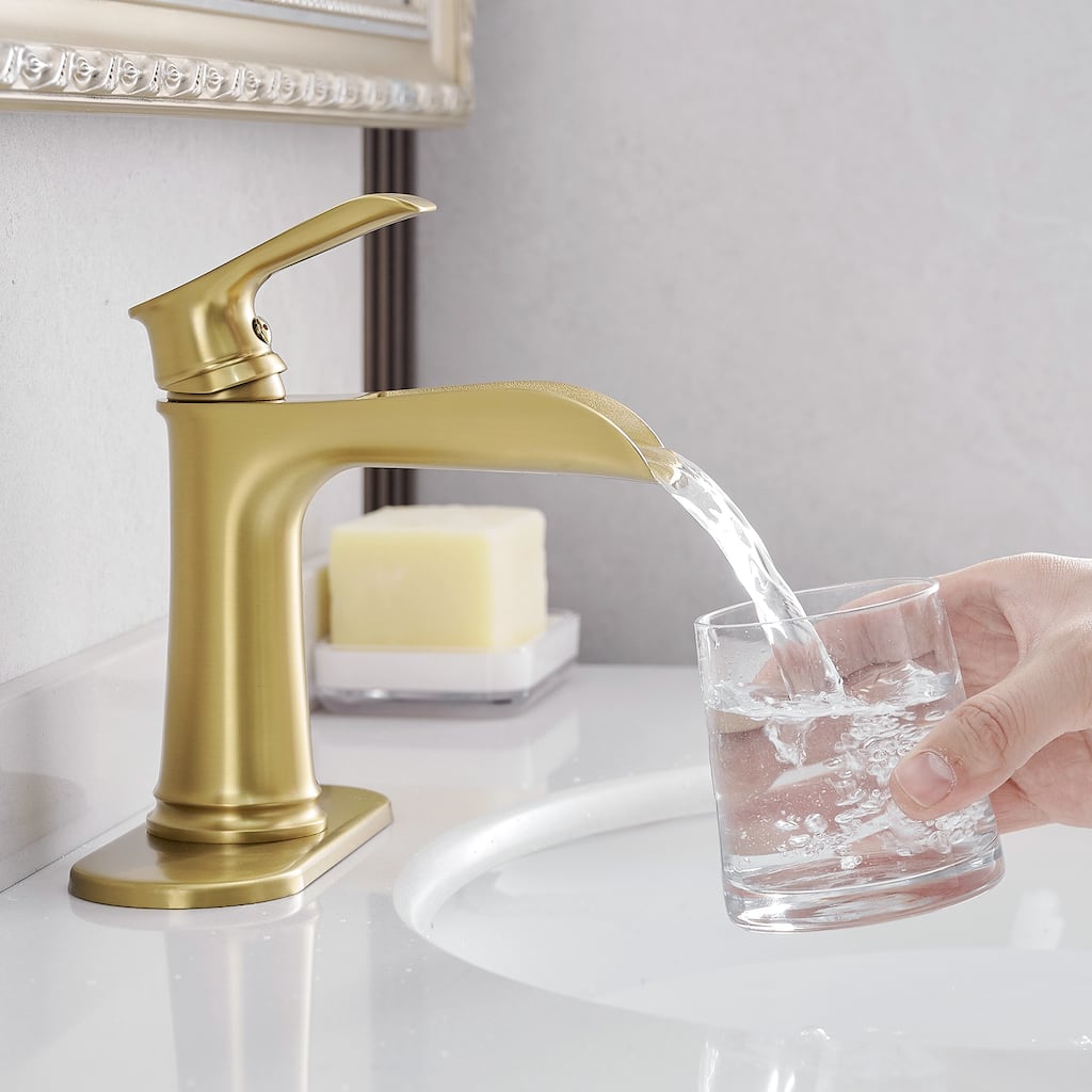 Modern Single Handle Single Hole Bathroom Sink Faucet with Pop Up Drain and Supply Line, Waterfall Spout Design