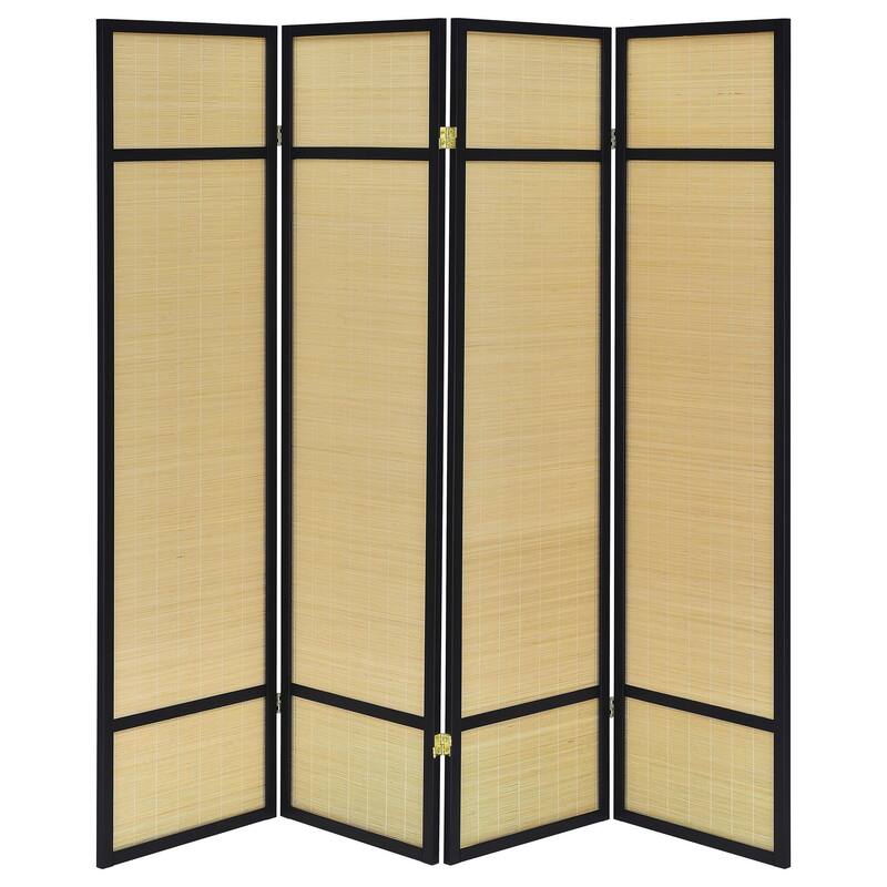 Arce 4 Panel Foldable Privacy Screen, Bamboo, Black Pine Wood Frame