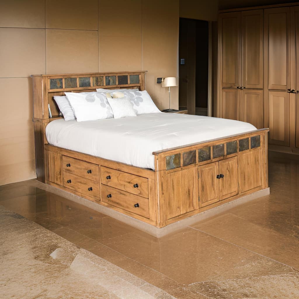 Marv Queen Size Bed, Storage Footboard Bookcase Headboard, Light Brown