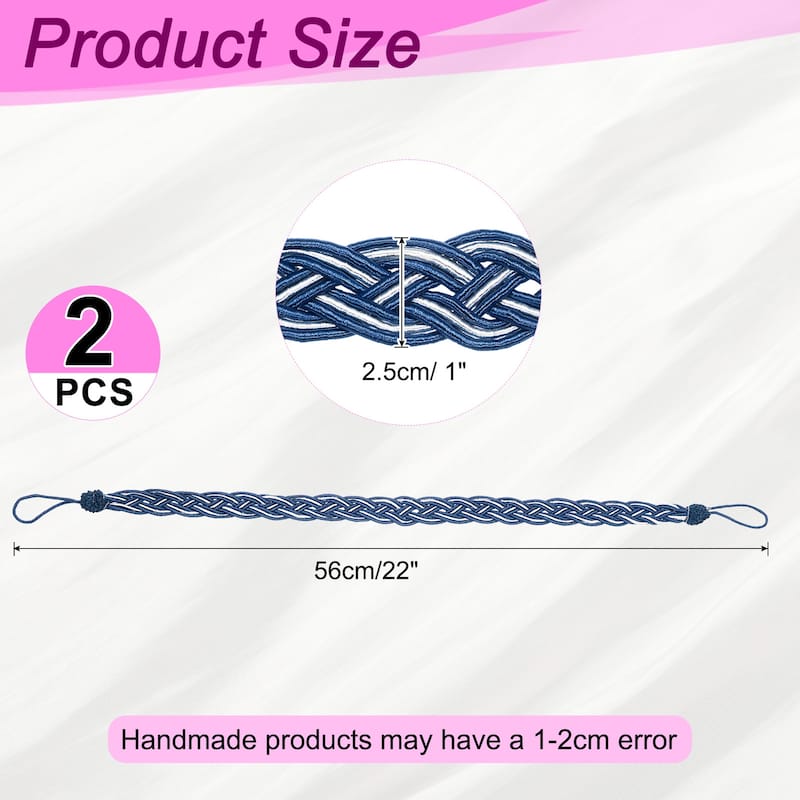 2 Pcs Curtain Tiebacks, Braided Drapery Holdback - Dark Blue - 60cm/24"