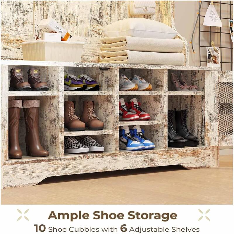 Hall Tree w/ Bench Shoe Storage Shoe Cubby Barn Door Adjustable Shelf