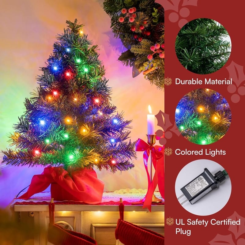 24"/2FT Small Christmas Tree with Multi-Color LED Lights, Table Top Christmas Tree Pre-lit Artificial Xmas Tree - Green