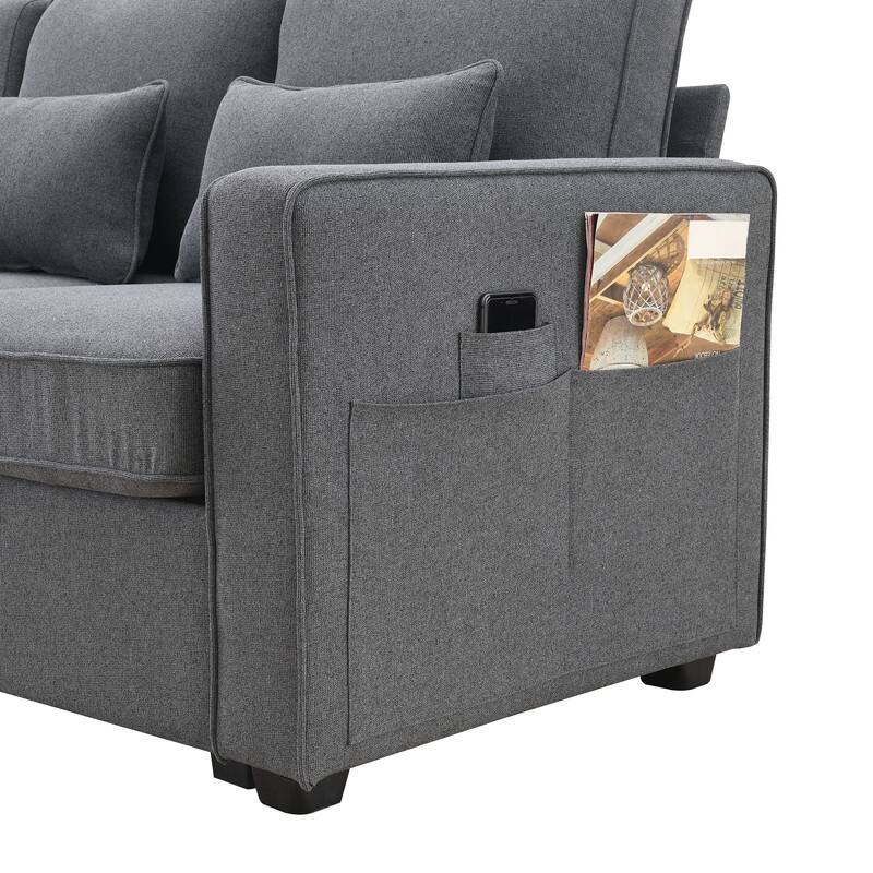 104"Upholstered Sofa Couch with Armrest Pockets and 4 Pillows, 4-Seater Modern Linen Fabric Sofa Minimalist Style Couches