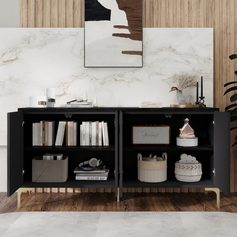 Sideboard Cabinet with 4 Carved Doors, Wooden Buffet Cabinet with Adjustable Shelves, Accent Cabinet with Metal Legs