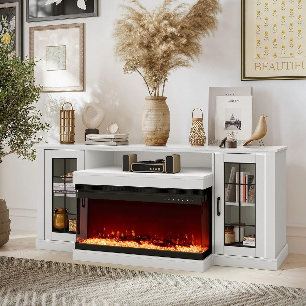 Erommy Entertainment Center with Adjustable Glass Shelves and Built-in Electric Fireplace - 70"