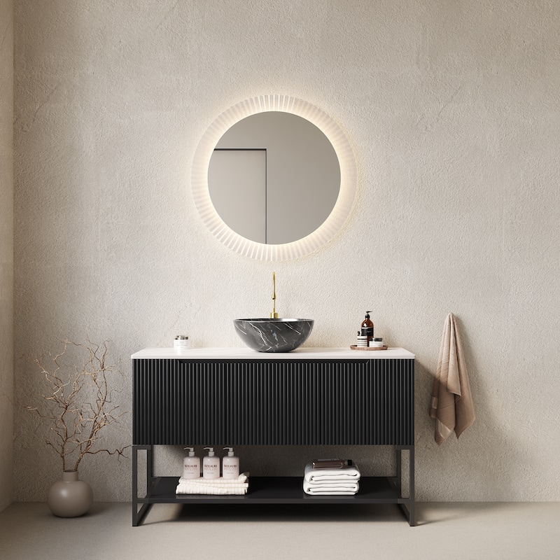 Freestanding Bathroom Vanity with Open Shelf, Black Stone Pattern Bowl Ceramic Basin and Carrara White Sintered Stone Countertop - Black