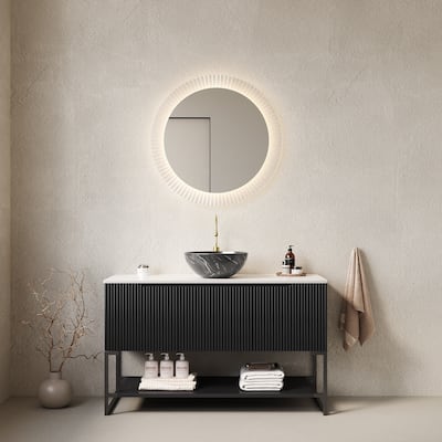 Freestanding Bathroom Vanity with Open Shelf, Black Stone Pattern Bowl Ceramic Basin and Carrara White Sintered Stone Countertop