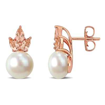 Miadora Cultured Freshwater Pearl 1 1/2ct TGW Pear-Cut Morganite Stud Earrings 14k Rose Gold