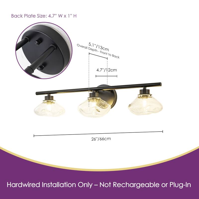 3-Light 24.4" Modern Black/Gold Bathroom Vanity Light with Stone-Shaped Seed Glass Shades
