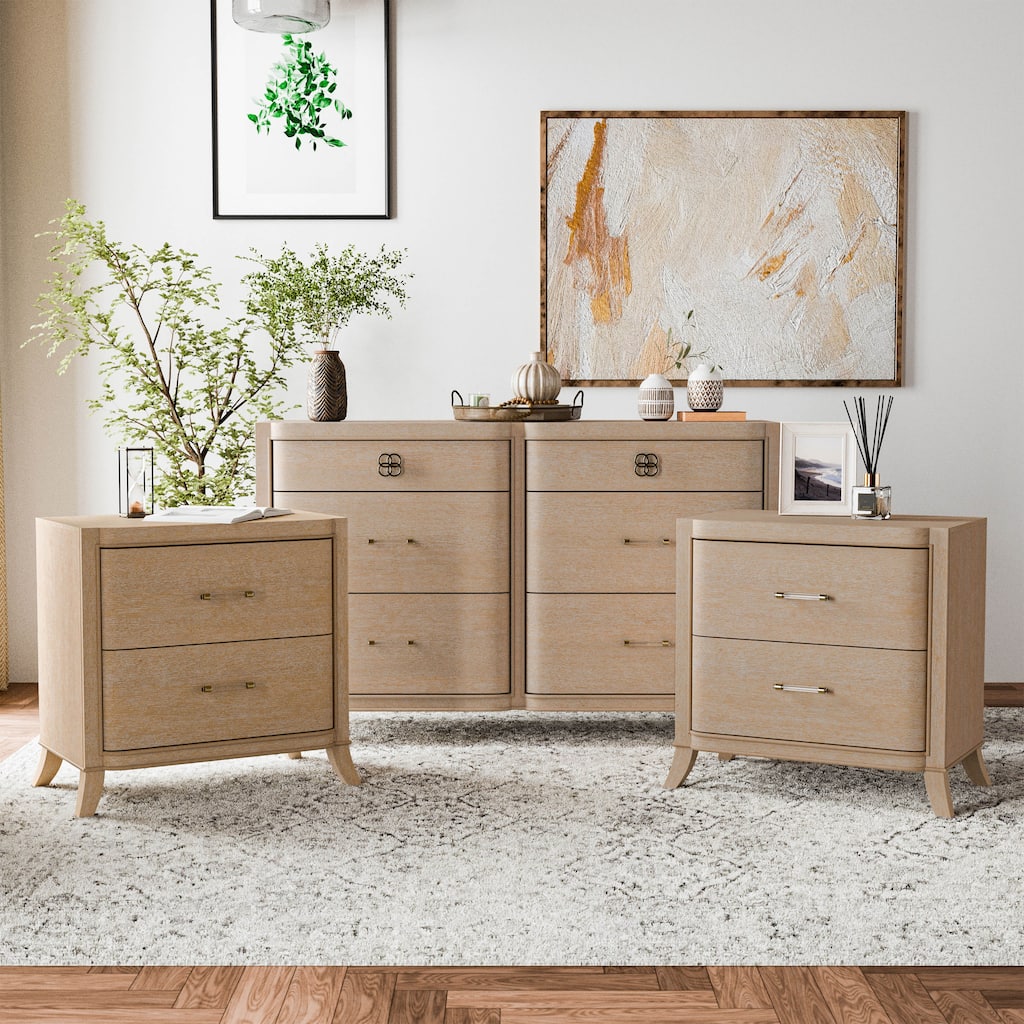 Furniture of America Kian Modern 3-Piece Natural Oak Solid Wood Dresser and 2 Nightstand Bedroom Set