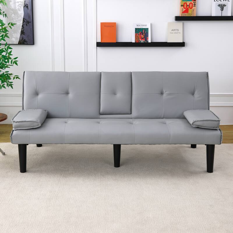 Convertible Loveseat Couch Adjustable Faux Leather Sleeper Sofa Bed with Coffee Table, Cup Holders and Removable Pillow Armrests
