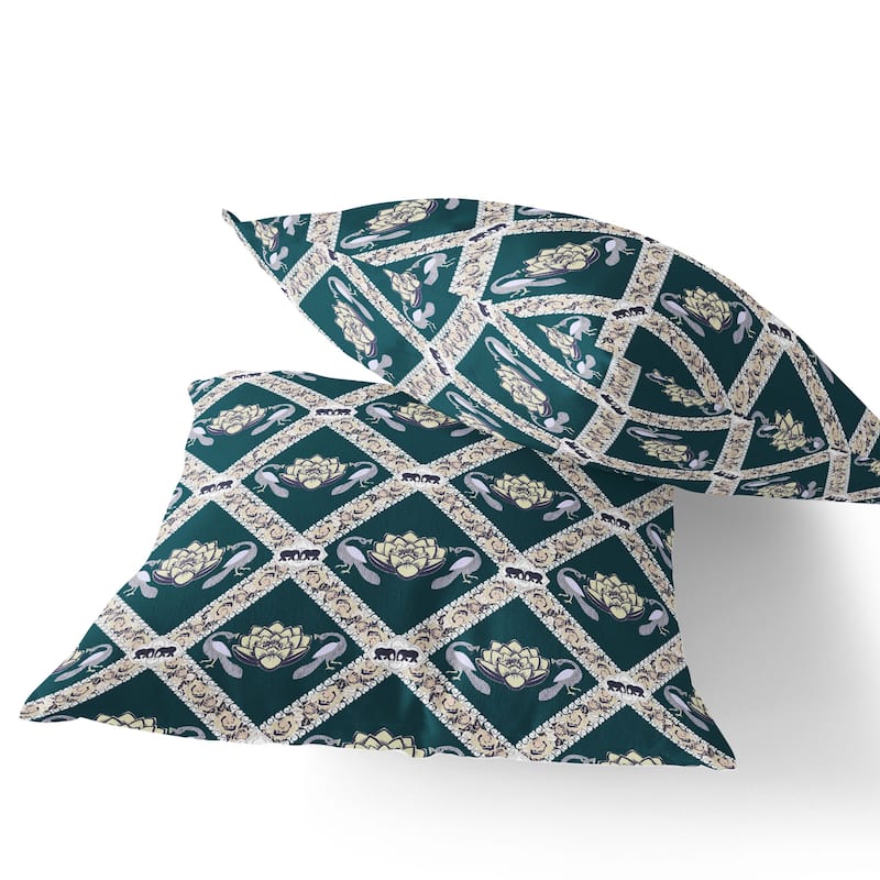 HomeRoots Set of Two 16" X 16" Green and Yellow Peacock Blown Seam Floral Indoor Outdoor Throw Pillow - 16.00' X '16.00' X '5.00