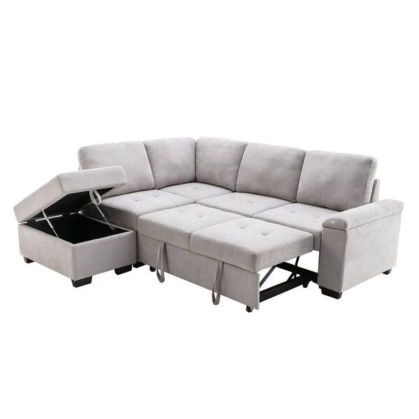 slide 2 of 9, 86" Sleeper Sectional Sofa, L-shape Corner Couch Sofa-bed with Storage Ottoman Hidden Arm Storage for Family Living Room Grey