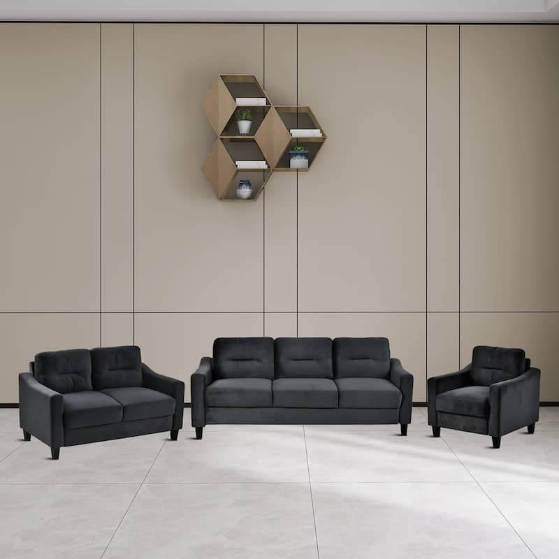 Modern Minimalist Velvet Upholstered 3 Piece Living Room Set - Black
