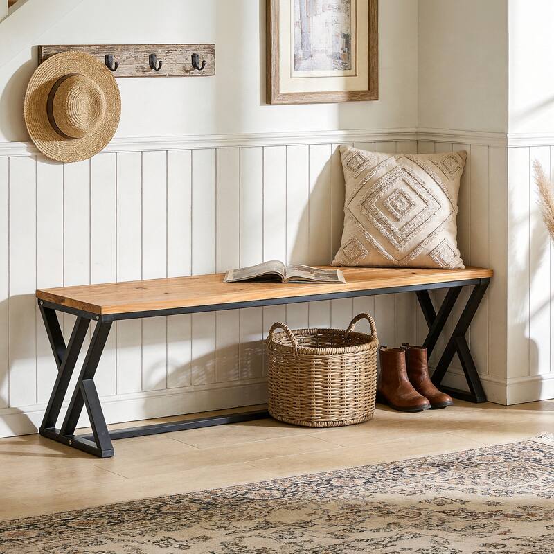 Solid Wood Entryway Bench With Metal Legs