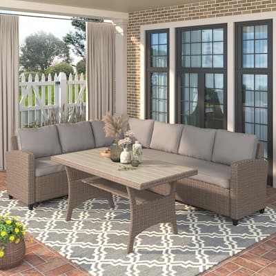 Outdoor Patio Rattan Wicker All-weather Sectional Sofa Set with Slatted Wood Table Top, Soft Cushions