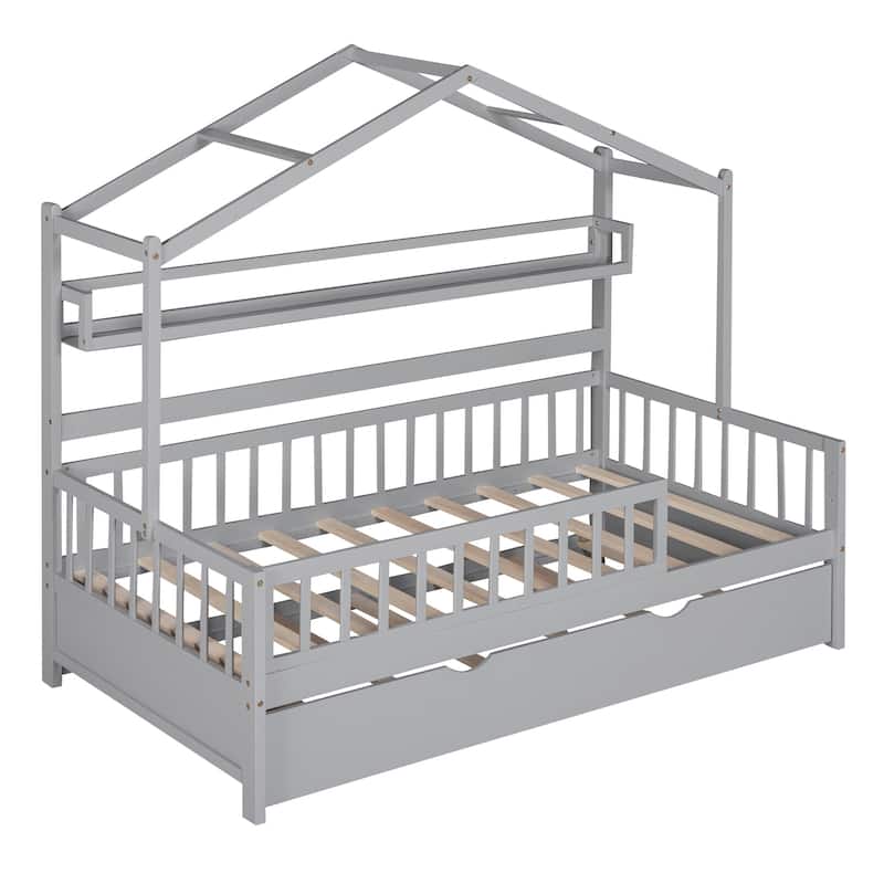 Solid Wood Twin Size Kid's House Bed with Trundle Bed and Storage Rack - Perfect for Play and Sleep