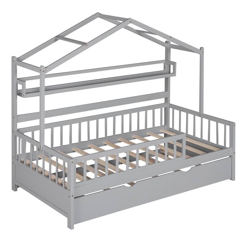 Cute Wooden Twin or Full House Bed with Trundle, Kids Bed Wood Platform Bed Frame with Safety Guardrail & Storage Shelf