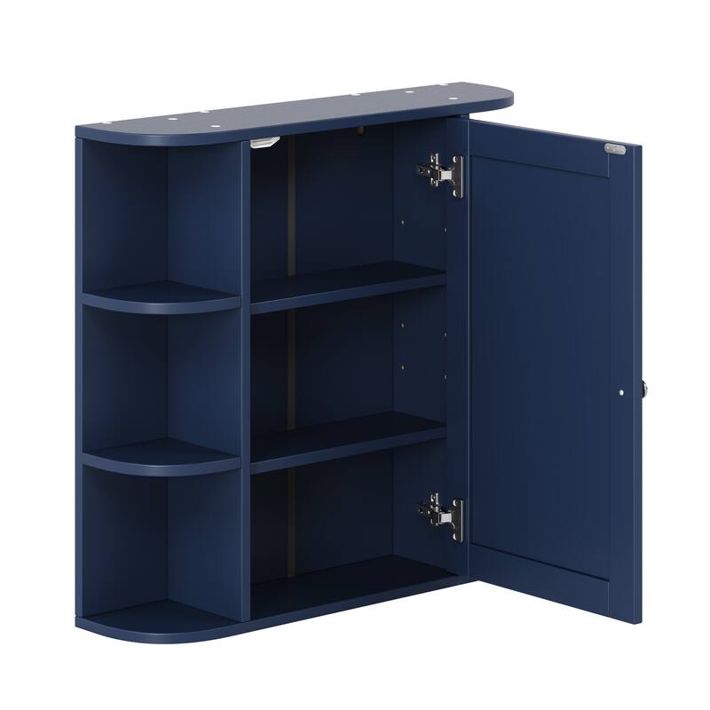 Bathroom Wall Storage Cabinet with Mirror, with Adjustable Wood Shelf & Doors, Mounted Storage Cabinets with 6 Open Shelves