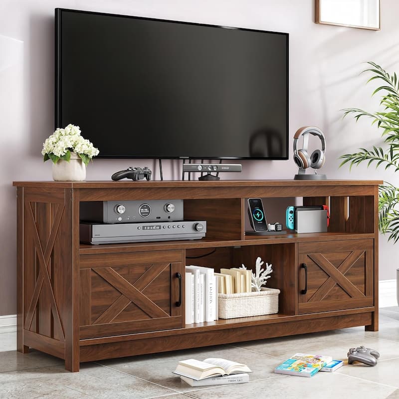 Farmhouse TV Stand for up to 65" TV with Doors and Open Shelves Media Console Power Outlet - 59 inches in width - Walnut