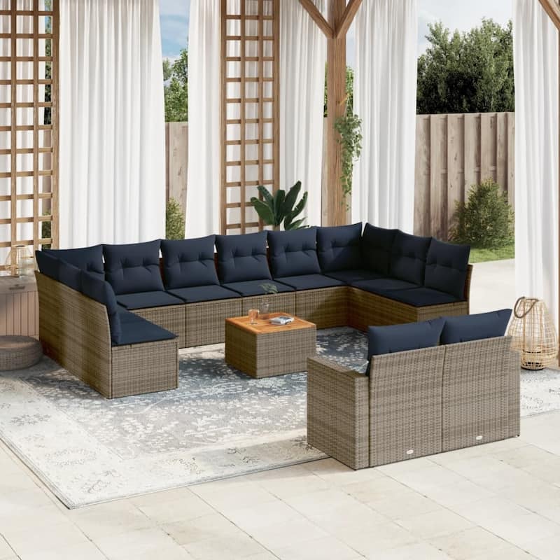 vidaXL 13 Piece Patio Sofa Set with Cushions Grey Poly Rattan - 24.4" x 24.4" x 27.2" - Grey