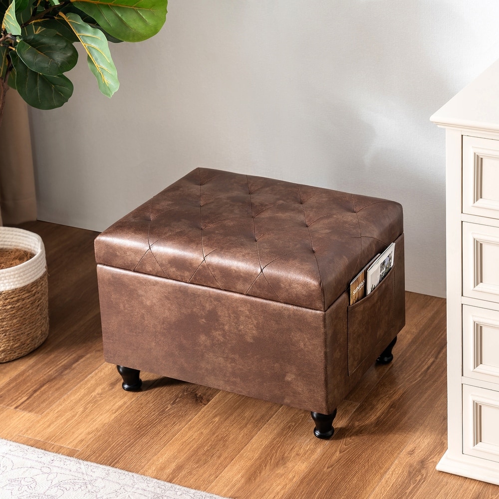 Adeco Linen Fabric Storage Ottoman for Living Room Bedroom