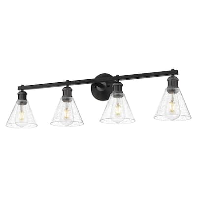 35 Inch 4-Light Wall Sconces Matte Black Bathroom Lights Seeded Glass