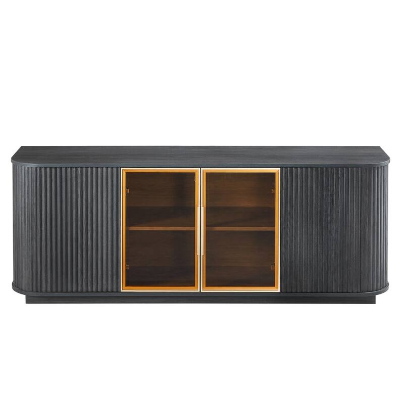 64-Inch Curved TV Stand‌ – Modern Wooden Stripe Cabinet with Aluminum-Framed Glass Doors