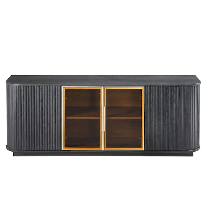 Anmytek 64 Inch Wavy Wooden TV Cabinet Black Aluminum Frame Tempered Glass Door Storage Sideboard