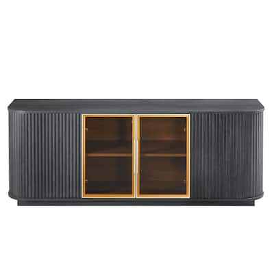 Modern Black TV Cabinet with Wave Pattern Rounded Corners Tempered Glass LED Lighting and Multifunctional
