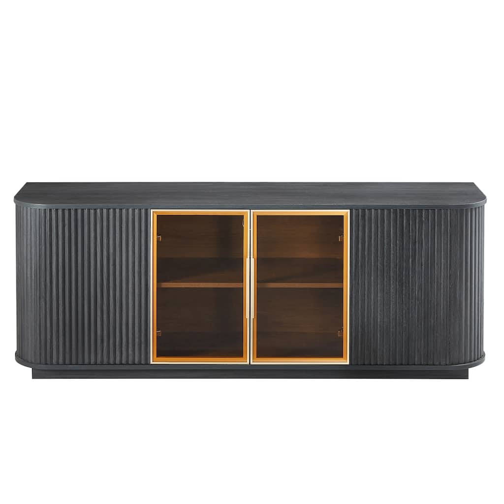 Modern Black TV Cabinet with Wave Pattern Rounded Corners Tempered Glass LED Lighting and Multifunctional