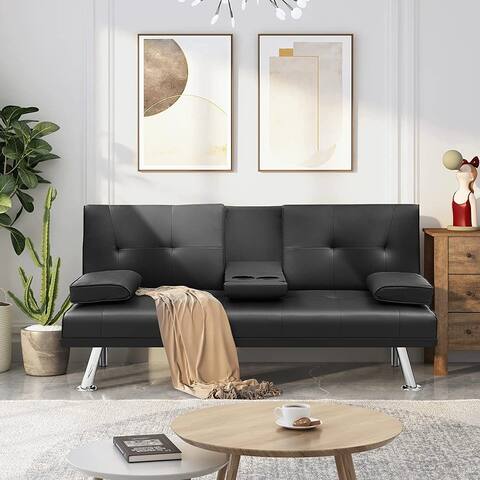 Modern Faux Leather Sofa, Futon Sofa Bed Convertible Recliner Lounge Futon Couch With 2 Cup Holders and Metal Legs