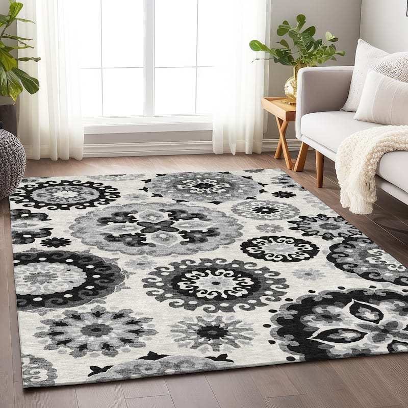 Premium Washable Super Soft Boho Suzani Mayfield Rug - Black - 5' x 7' 6" - Rectangle