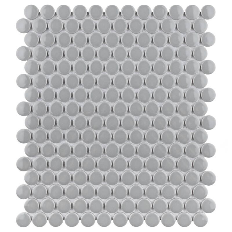 Merola Tile Metro Penny Round Light Grey Glossy 10" x 12" Porcelain Mosaic Floor and Wall Tile